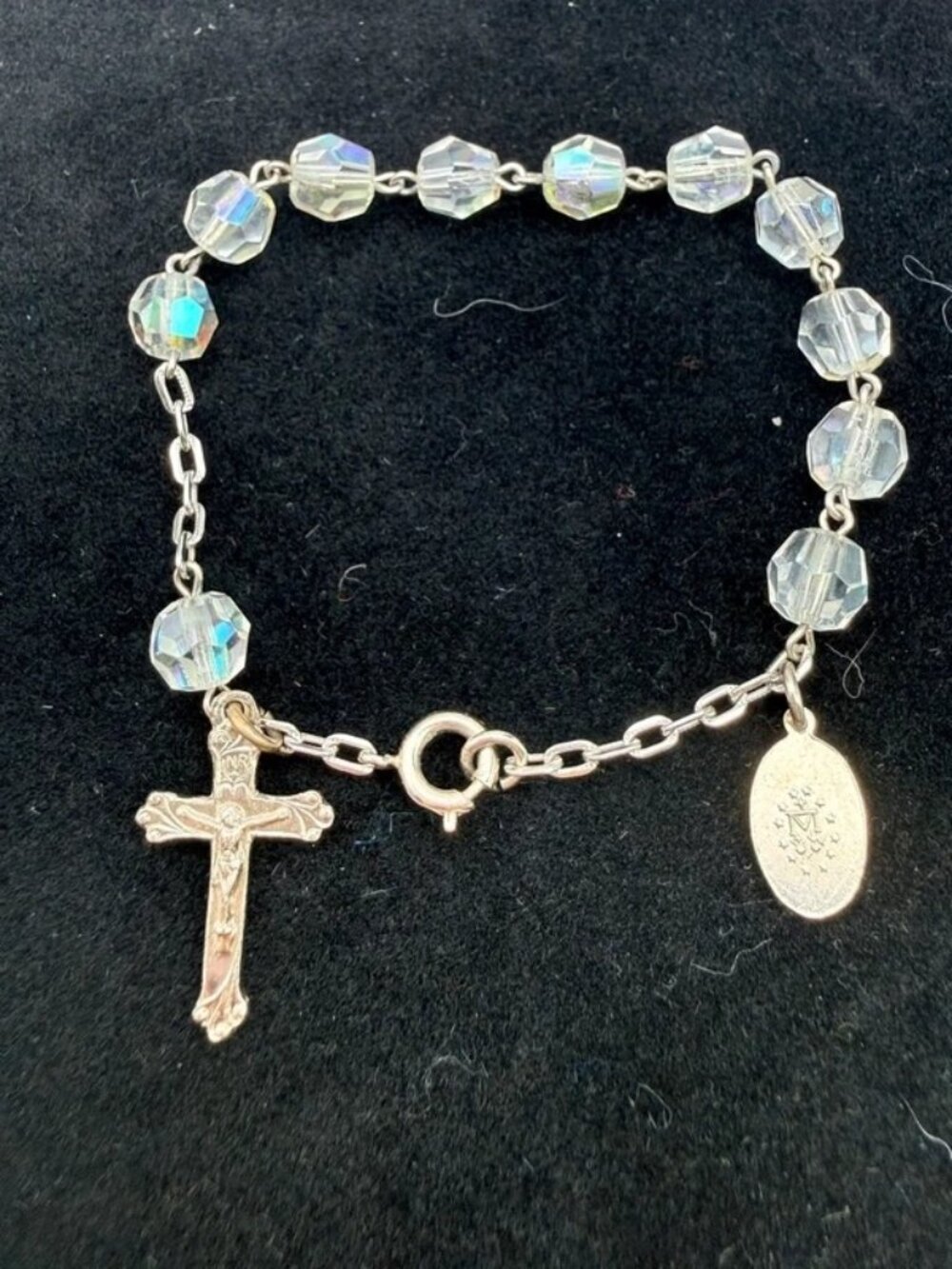 Iridescent Single Decade Rosary AB Beaded Bracelet Catholic Mary Crucifix Charms